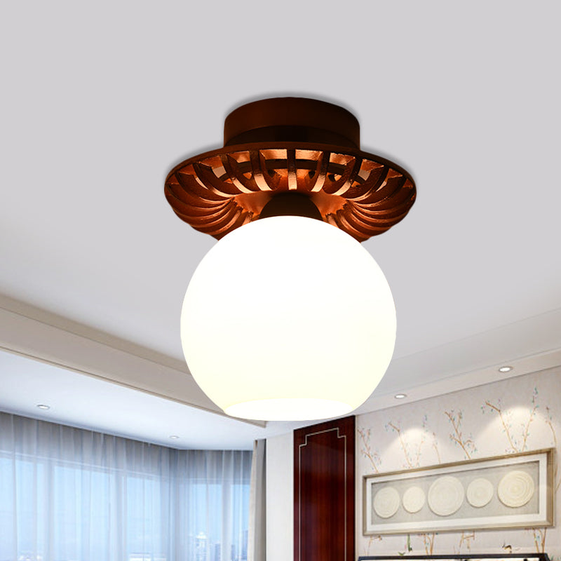 Brown Globe/Square Flush Mount Countryside Cream Glass 1 Head Corridor Flush Ceiling Light with Wood Frame Brown Globe Clearhalo 'Ceiling Lights' 'Close To Ceiling Lights' 'Close to ceiling' 'Flush mount' Lighting' 728167