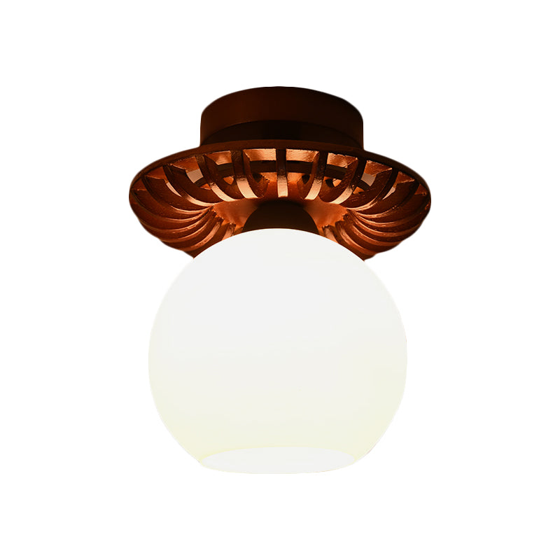 Brown Globe/Square Flush Mount Countryside Cream Glass 1 Head Corridor Flush Ceiling Light with Wood Frame Clearhalo 'Ceiling Lights' 'Close To Ceiling Lights' 'Close to ceiling' 'Flush mount' Lighting' 728169