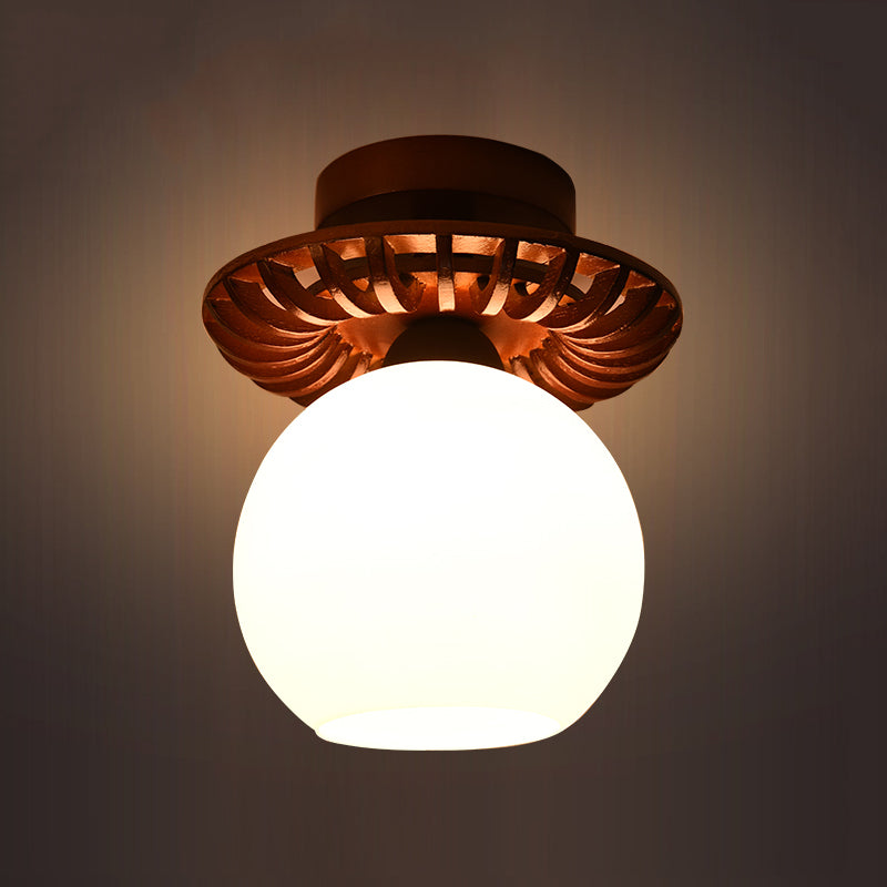 Brown Globe/Square Flush Mount Countryside Cream Glass 1 Head Corridor Flush Ceiling Light with Wood Frame Clearhalo 'Ceiling Lights' 'Close To Ceiling Lights' 'Close to ceiling' 'Flush mount' Lighting' 728170