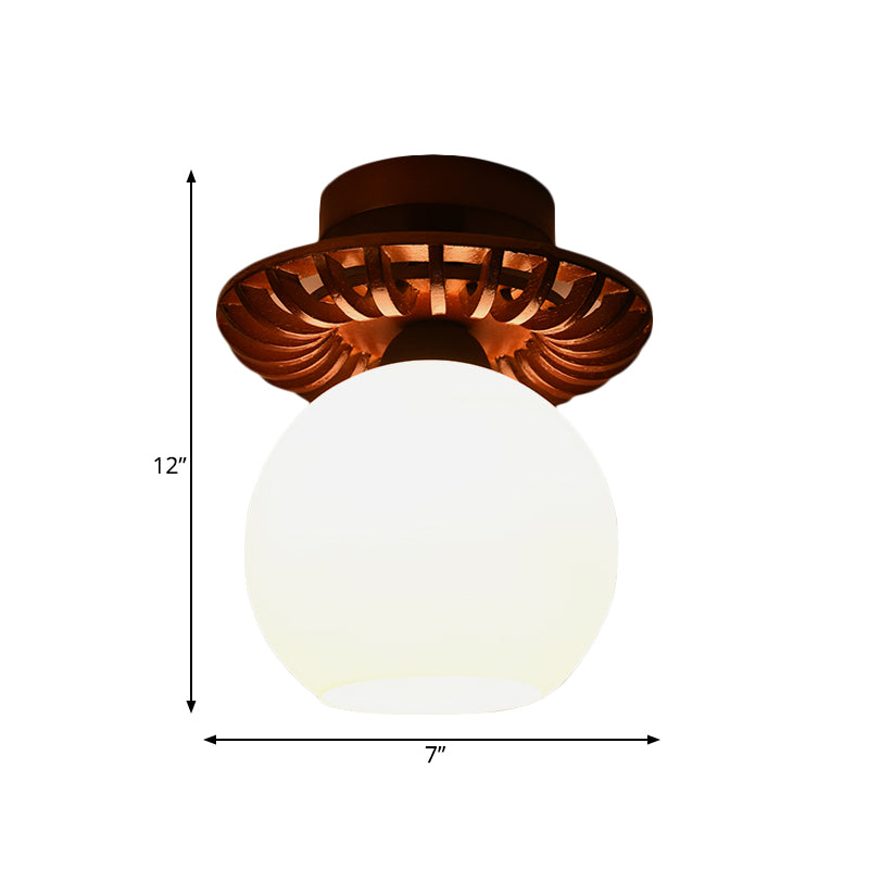 Brown Globe/Square Flush Mount Countryside Cream Glass 1 Head Corridor Flush Ceiling Light with Wood Frame Clearhalo 'Ceiling Lights' 'Close To Ceiling Lights' 'Close to ceiling' 'Flush mount' Lighting' 728171