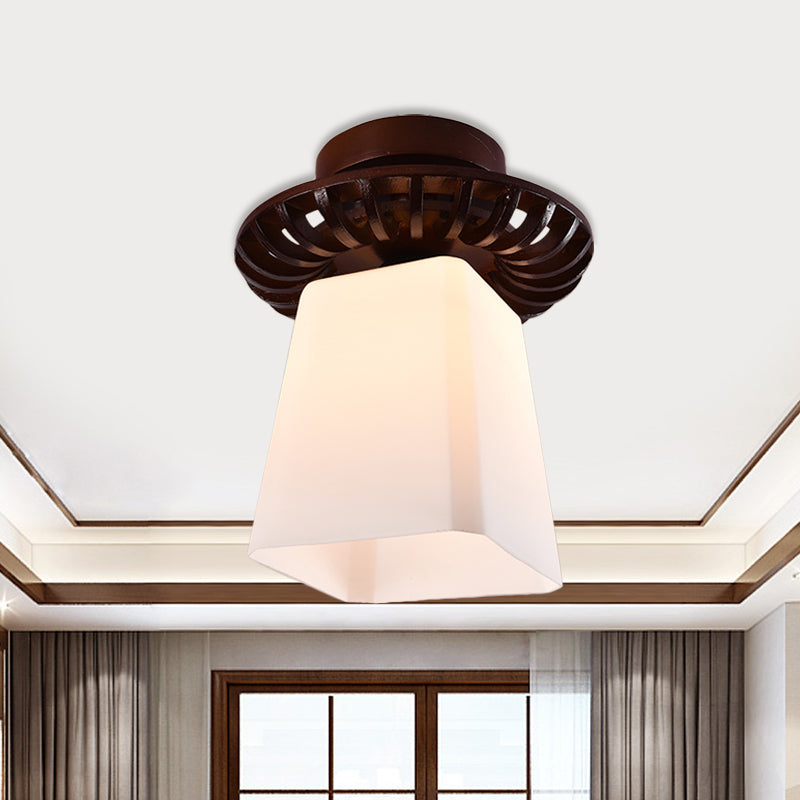 Brown Globe/Square Flush Mount Countryside Cream Glass 1 Head Corridor Flush Ceiling Light with Wood Frame Brown Square Plate Clearhalo 'Ceiling Lights' 'Close To Ceiling Lights' 'Close to ceiling' 'Flush mount' Lighting' 728172