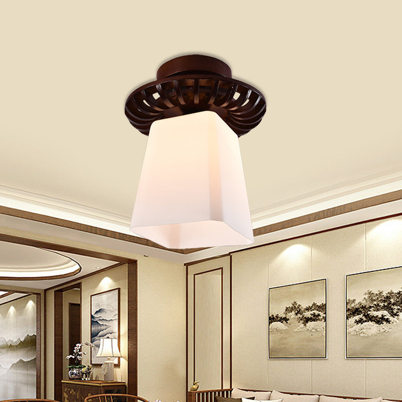 Brown Globe/Square Flush Mount Countryside Cream Glass 1 Head Corridor Flush Ceiling Light with Wood Frame Clearhalo 'Ceiling Lights' 'Close To Ceiling Lights' 'Close to ceiling' 'Flush mount' Lighting' 728173