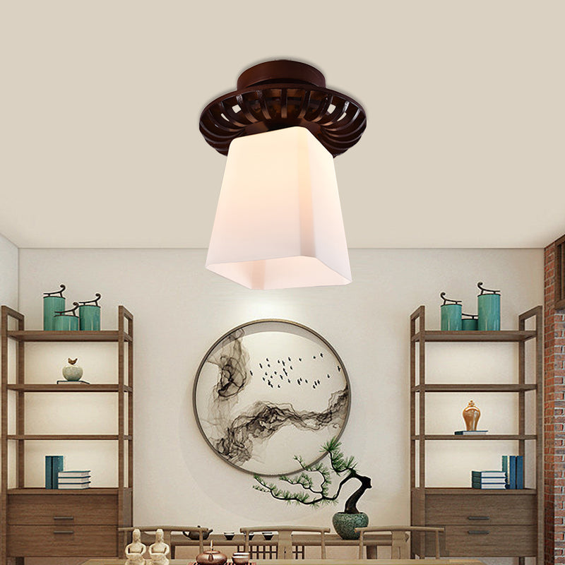 Brown Globe/Square Flush Mount Countryside Cream Glass 1 Head Corridor Flush Ceiling Light with Wood Frame Clearhalo 'Ceiling Lights' 'Close To Ceiling Lights' 'Close to ceiling' 'Flush mount' Lighting' 728174