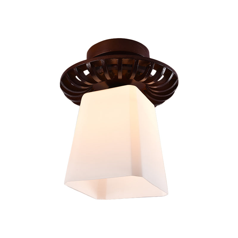 Brown Globe/Square Flush Mount Countryside Cream Glass 1 Head Corridor Flush Ceiling Light with Wood Frame Clearhalo 'Ceiling Lights' 'Close To Ceiling Lights' 'Close to ceiling' 'Flush mount' Lighting' 728175