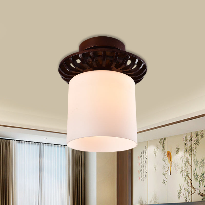 Brown Globe/Square Flush Mount Countryside Cream Glass 1 Head Corridor Flush Ceiling Light with Wood Frame Brown Cylinder Clearhalo 'Ceiling Lights' 'Close To Ceiling Lights' 'Close to ceiling' 'Flush mount' Lighting' 728177