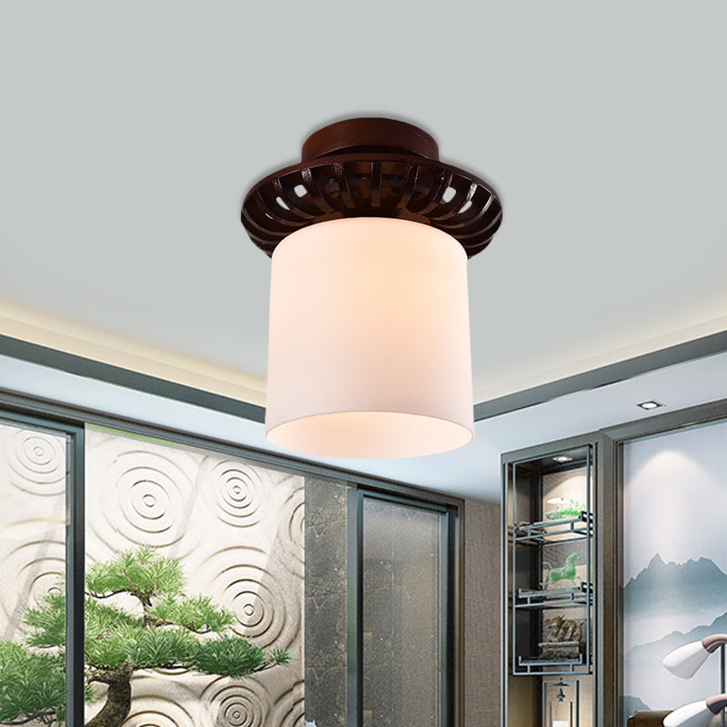 Brown Globe/Square Flush Mount Countryside Cream Glass 1 Head Corridor Flush Ceiling Light with Wood Frame Clearhalo 'Ceiling Lights' 'Close To Ceiling Lights' 'Close to ceiling' 'Flush mount' Lighting' 728178