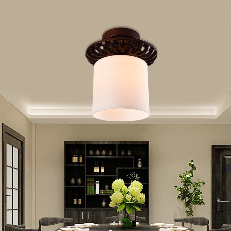 Brown Globe/Square Flush Mount Countryside Cream Glass 1 Head Corridor Flush Ceiling Light with Wood Frame Clearhalo 'Ceiling Lights' 'Close To Ceiling Lights' 'Close to ceiling' 'Flush mount' Lighting' 728179