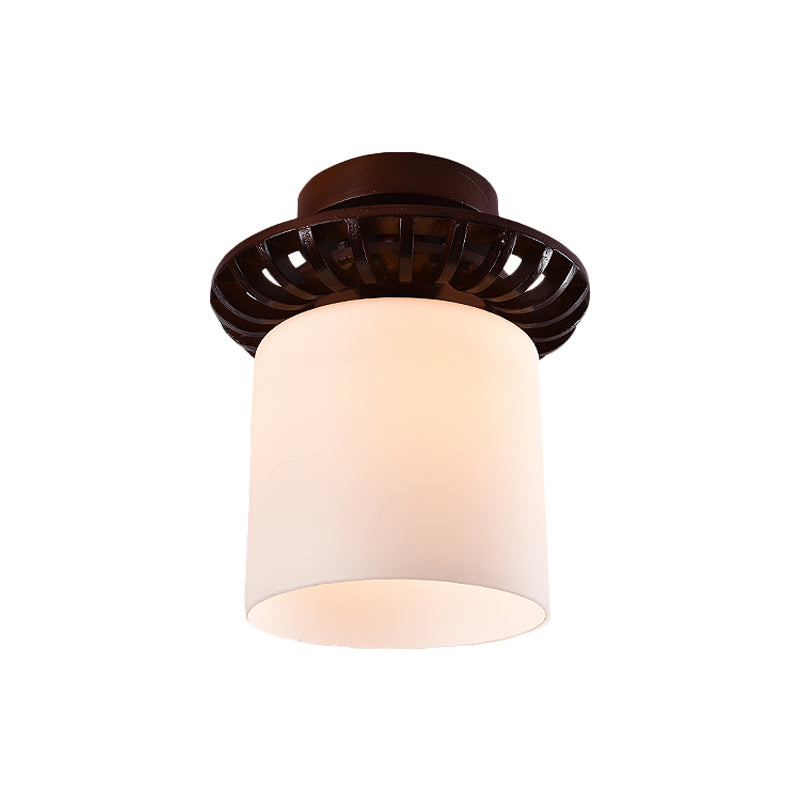 Brown Globe/Square Flush Mount Countryside Cream Glass 1 Head Corridor Flush Ceiling Light with Wood Frame Clearhalo 'Ceiling Lights' 'Close To Ceiling Lights' 'Close to ceiling' 'Flush mount' Lighting' 728180