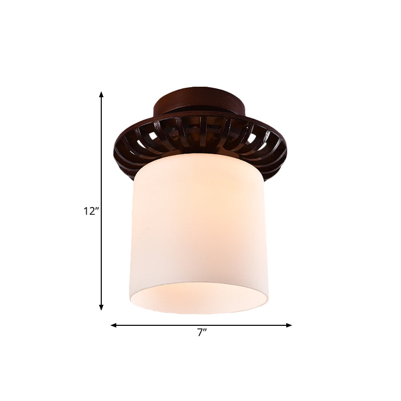 Brown Globe/Square Flush Mount Countryside Cream Glass 1 Head Corridor Flush Ceiling Light with Wood Frame Clearhalo 'Ceiling Lights' 'Close To Ceiling Lights' 'Close to ceiling' 'Flush mount' Lighting' 728181