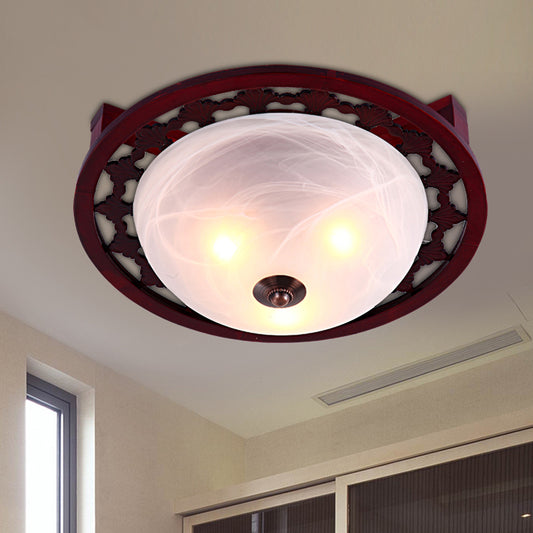 3-Light Frosted Glass Flush Mount Lighting Rustic Brown Domed Bedroom Close to Ceiling Lamp with Round Wood Design Brown Clearhalo 'Ceiling Lights' 'Close To Ceiling Lights' 'Close to ceiling' 'Flush mount' Lighting' 728182