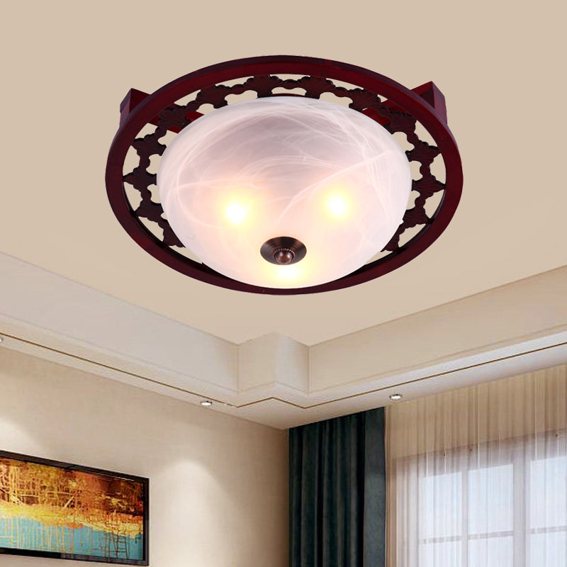 3-Light Frosted Glass Flush Mount Lighting Rustic Brown Domed Bedroom Close to Ceiling Lamp with Round Wood Design Clearhalo 'Ceiling Lights' 'Close To Ceiling Lights' 'Close to ceiling' 'Flush mount' Lighting' 728183