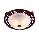 3-Light Frosted Glass Flush Mount Lighting Rustic Brown Domed Bedroom Close to Ceiling Lamp with Round Wood Design Clearhalo 'Ceiling Lights' 'Close To Ceiling Lights' 'Close to ceiling' 'Flush mount' Lighting' 728184