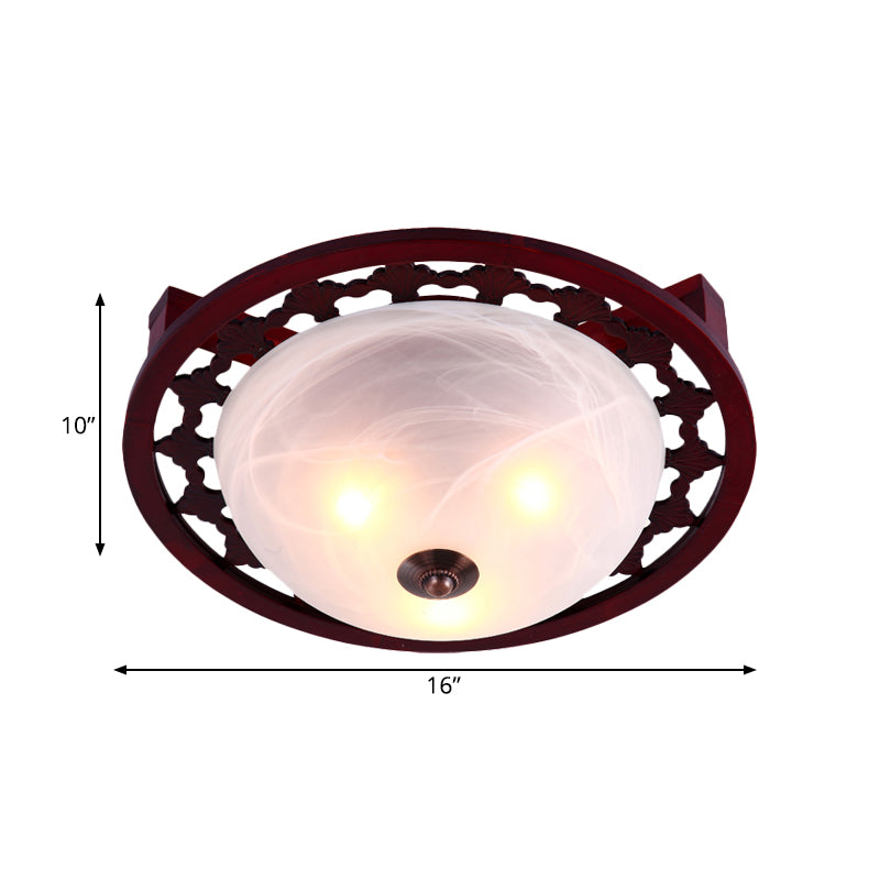 3-Light Frosted Glass Flush Mount Lighting Rustic Brown Domed Bedroom Close to Ceiling Lamp with Round Wood Design Clearhalo 'Ceiling Lights' 'Close To Ceiling Lights' 'Close to ceiling' 'Flush mount' Lighting' 728186