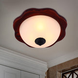 16"/19" W Frosted Glass Brown Flush Light Fixture Bowl 3 Heads Rural Flush Mount Recessed Lighting with Wood Flower Panel Clearhalo 'Ceiling Lights' 'Close To Ceiling Lights' 'Close to ceiling' 'Flush mount' Lighting' 728187