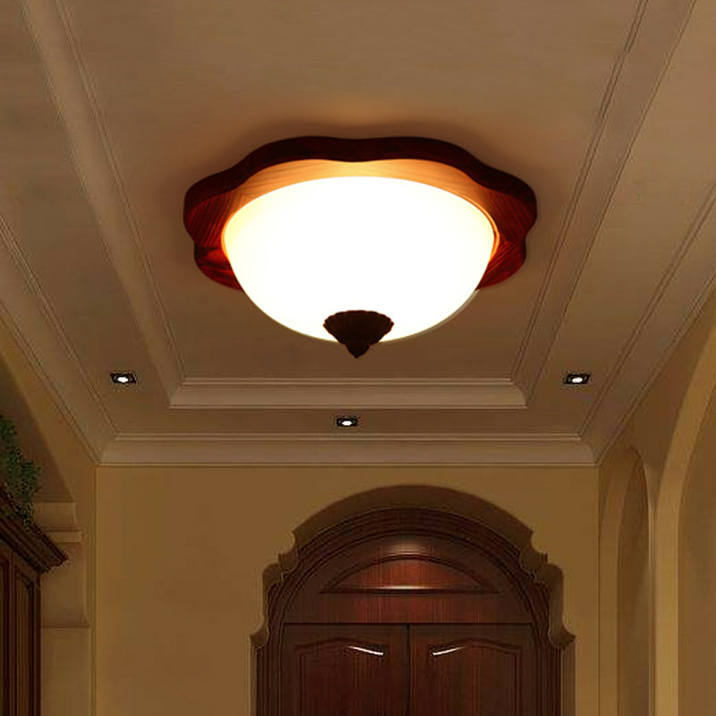 16"/19" W Frosted Glass Brown Flush Light Fixture Bowl 3 Heads Rural Flush Mount Recessed Lighting with Wood Flower Panel Clearhalo 'Ceiling Lights' 'Close To Ceiling Lights' 'Close to ceiling' 'Flush mount' Lighting' 728188