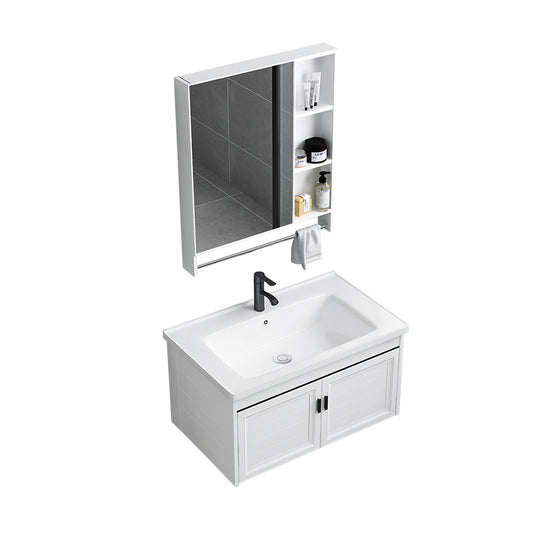 White Bath Vanity Metal Frame Wall Mounted 2 Doors Rectangular Single Sink Mirror Vanity Clearhalo 'Bathroom Remodel & Bathroom Fixtures' 'Bathroom Vanities' 'bathroom_vanities' 'Home Improvement' 'home_improvement' 'home_improvement_bathroom_vanities' 7281880