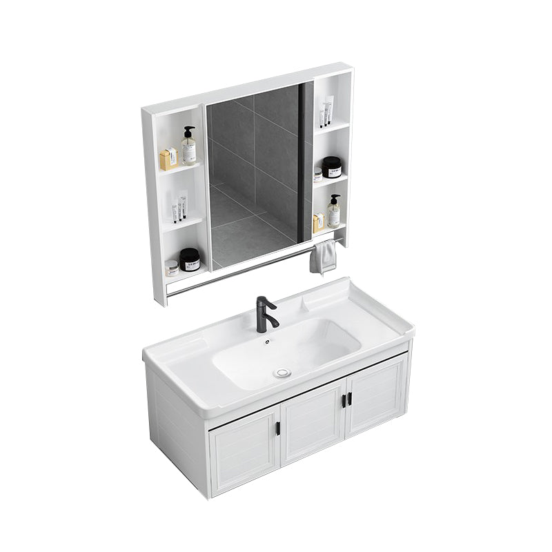 White Bath Vanity Metal Frame Wall Mounted 2 Doors Rectangular Single Sink Mirror Vanity Vanity & Faucet & Mirror Cabinet 35.8"L x 18.9"W x 18.1"H Horn Sink Clearhalo 'Bathroom Remodel & Bathroom Fixtures' 'Bathroom Vanities' 'bathroom_vanities' 'Home Improvement' 'home_improvement' 'home_improvement_bathroom_vanities' 7281886