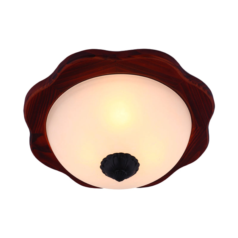 16"/19" W Frosted Glass Brown Flush Light Fixture Bowl 3 Heads Rural Flush Mount Recessed Lighting with Wood Flower Panel Clearhalo 'Ceiling Lights' 'Close To Ceiling Lights' 'Close to ceiling' 'Flush mount' Lighting' 728189