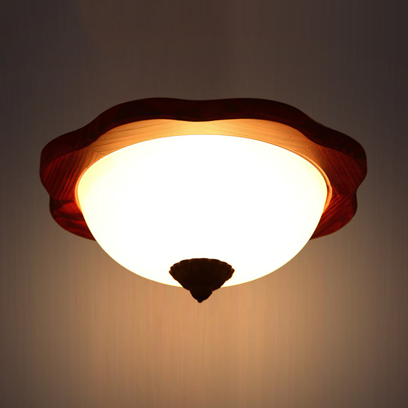 16"/19" W Frosted Glass Brown Flush Light Fixture Bowl 3 Heads Rural Flush Mount Recessed Lighting with Wood Flower Panel Clearhalo 'Ceiling Lights' 'Close To Ceiling Lights' 'Close to ceiling' 'Flush mount' Lighting' 728190