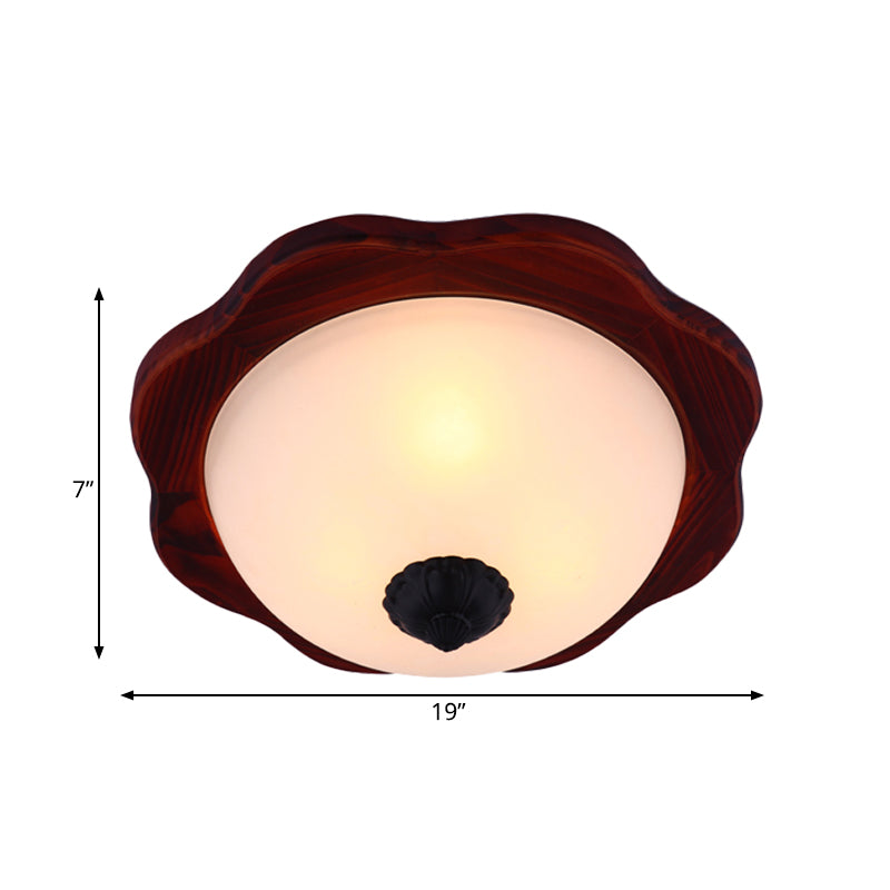 16"/19" W Frosted Glass Brown Flush Light Fixture Bowl 3 Heads Rural Flush Mount Recessed Lighting with Wood Flower Panel Clearhalo 'Ceiling Lights' 'Close To Ceiling Lights' 'Close to ceiling' 'Flush mount' Lighting' 728193