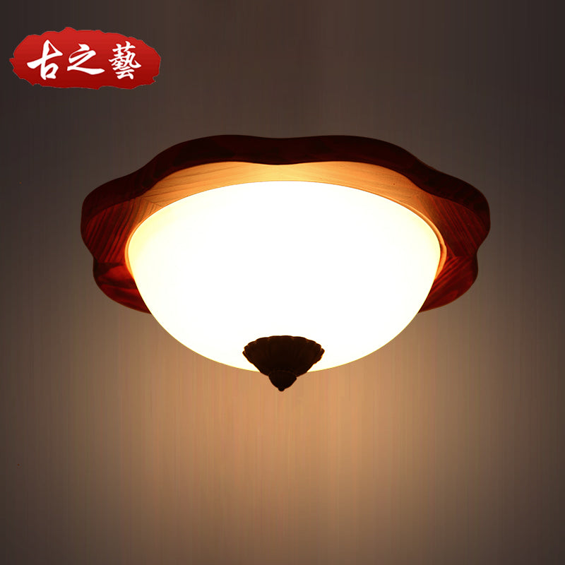 16"/19" W Frosted Glass Brown Flush Light Fixture Bowl 3 Heads Rural Flush Mount Recessed Lighting with Wood Flower Panel Brown Clearhalo 'Ceiling Lights' 'Close To Ceiling Lights' 'Close to ceiling' 'Flush mount' Lighting' 728194