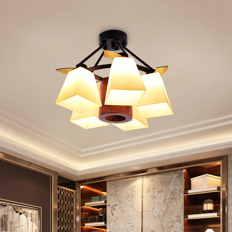 Traditional Trapezoid Semi Flush 3/5 Lights White Glass Ceiling Lamp with Wood Cylinder Shade Clearhalo 'Ceiling Lights' 'Close To Ceiling Lights' 'Close to ceiling' 'Semi-flushmount' Lighting' 728196