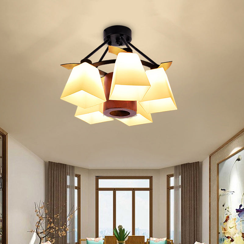 Traditional Trapezoid Semi Flush 3/5 Lights White Glass Ceiling Lamp with Wood Cylinder Shade Clearhalo 'Ceiling Lights' 'Close To Ceiling Lights' 'Close to ceiling' 'Semi-flushmount' Lighting' 728197