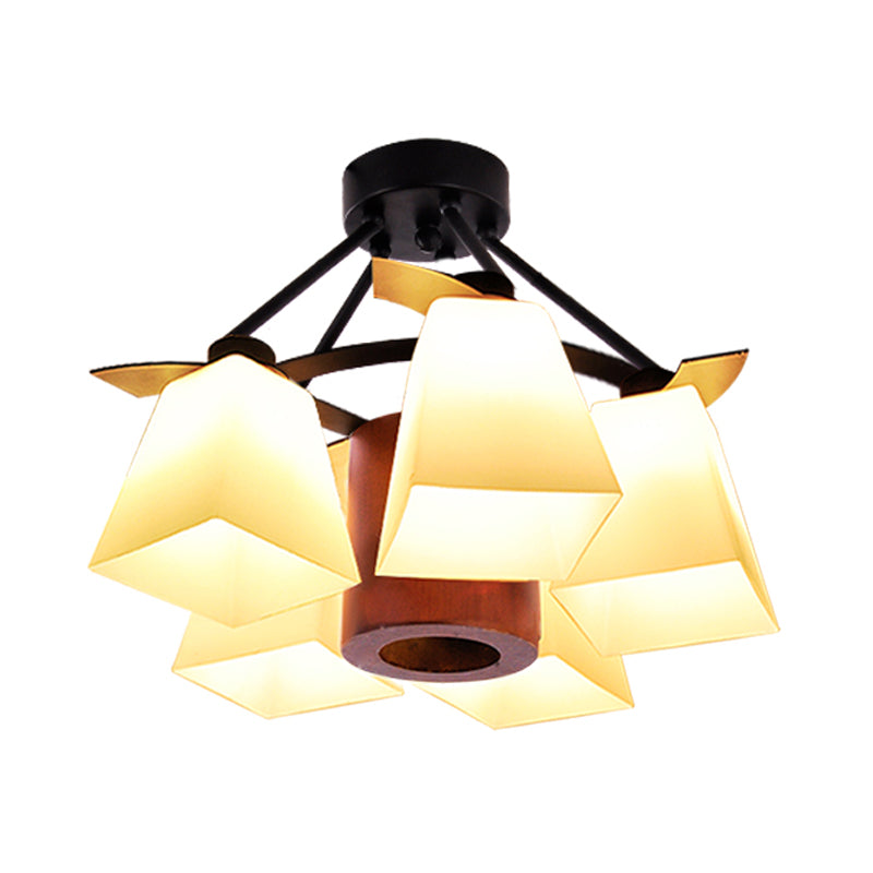 Traditional Trapezoid Semi Flush 3/5 Lights White Glass Ceiling Lamp with Wood Cylinder Shade Clearhalo 'Ceiling Lights' 'Close To Ceiling Lights' 'Close to ceiling' 'Semi-flushmount' Lighting' 728198
