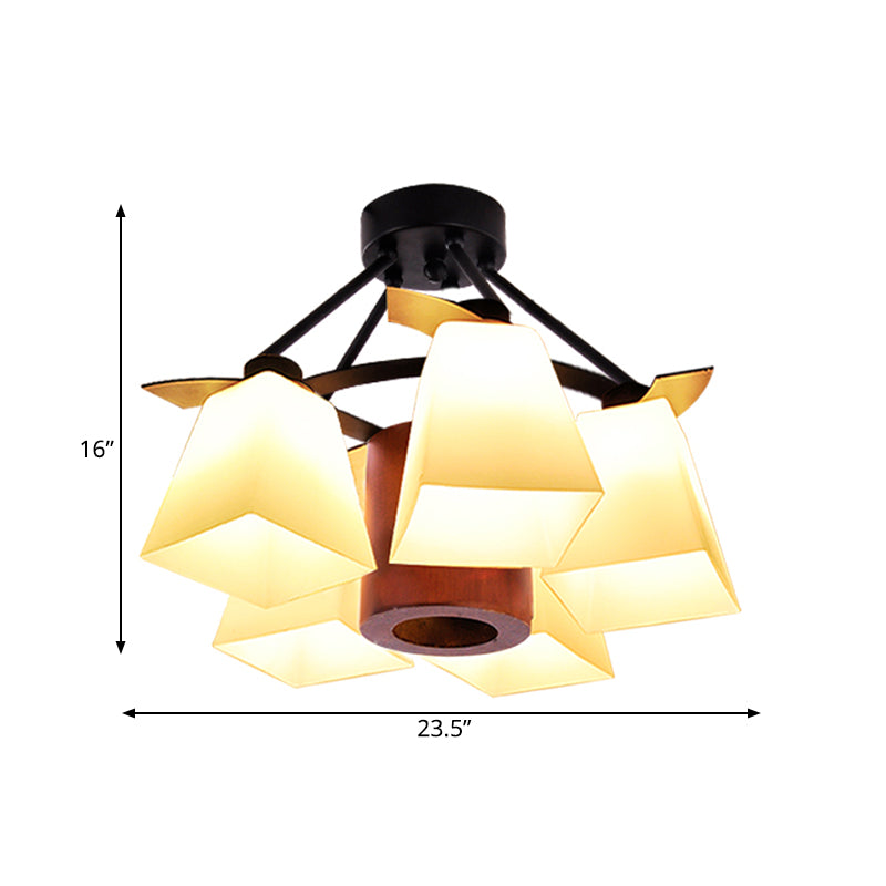 Traditional Trapezoid Semi Flush 3/5 Lights White Glass Ceiling Lamp with Wood Cylinder Shade Clearhalo 'Ceiling Lights' 'Close To Ceiling Lights' 'Close to ceiling' 'Semi-flushmount' Lighting' 728199