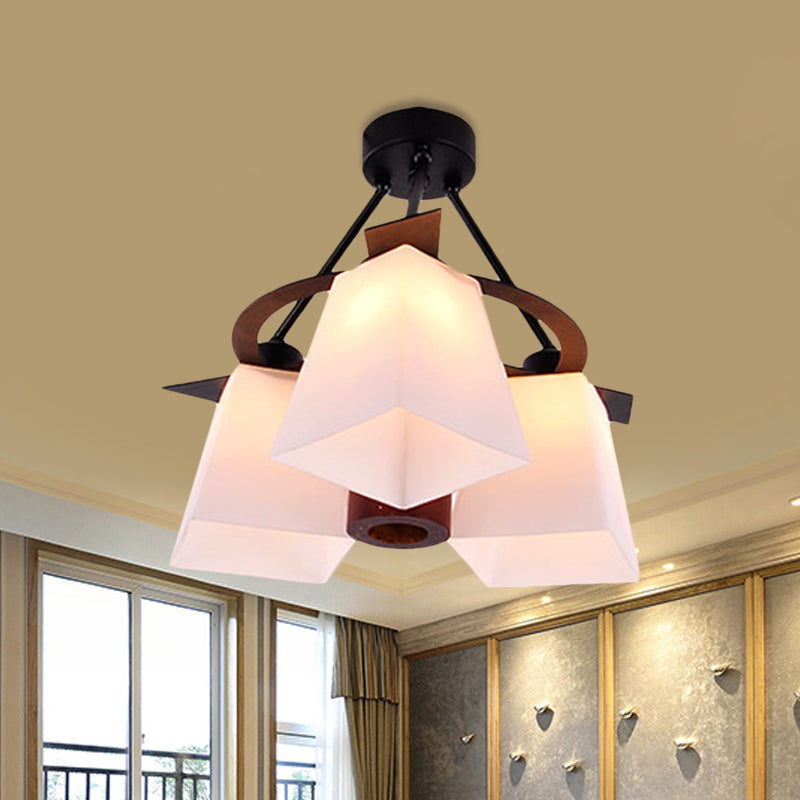 Traditional Trapezoid Semi Flush 3/5 Lights White Glass Ceiling Lamp with Wood Cylinder Shade White B Clearhalo 'Ceiling Lights' 'Close To Ceiling Lights' 'Close to ceiling' 'Semi-flushmount' Lighting' 728200