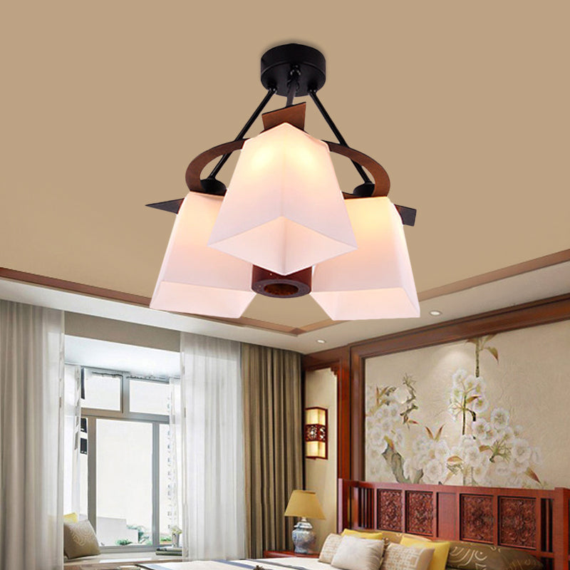 Traditional Trapezoid Semi Flush 3/5 Lights White Glass Ceiling Lamp with Wood Cylinder Shade Clearhalo 'Ceiling Lights' 'Close To Ceiling Lights' 'Close to ceiling' 'Semi-flushmount' Lighting' 728201