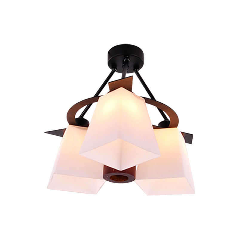 Traditional Trapezoid Semi Flush 3/5 Lights White Glass Ceiling Lamp with Wood Cylinder Shade Clearhalo 'Ceiling Lights' 'Close To Ceiling Lights' 'Close to ceiling' 'Semi-flushmount' Lighting' 728202