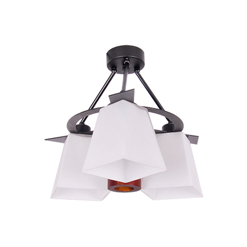 Traditional Trapezoid Semi Flush 3/5 Lights White Glass Ceiling Lamp with Wood Cylinder Shade Clearhalo 'Ceiling Lights' 'Close To Ceiling Lights' 'Close to ceiling' 'Semi-flushmount' Lighting' 728203