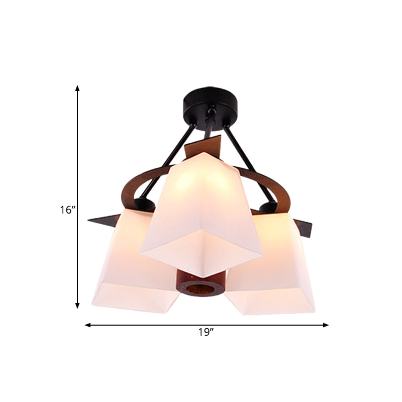 Traditional Trapezoid Semi Flush 3/5 Lights White Glass Ceiling Lamp with Wood Cylinder Shade Clearhalo 'Ceiling Lights' 'Close To Ceiling Lights' 'Close to ceiling' 'Semi-flushmount' Lighting' 728204