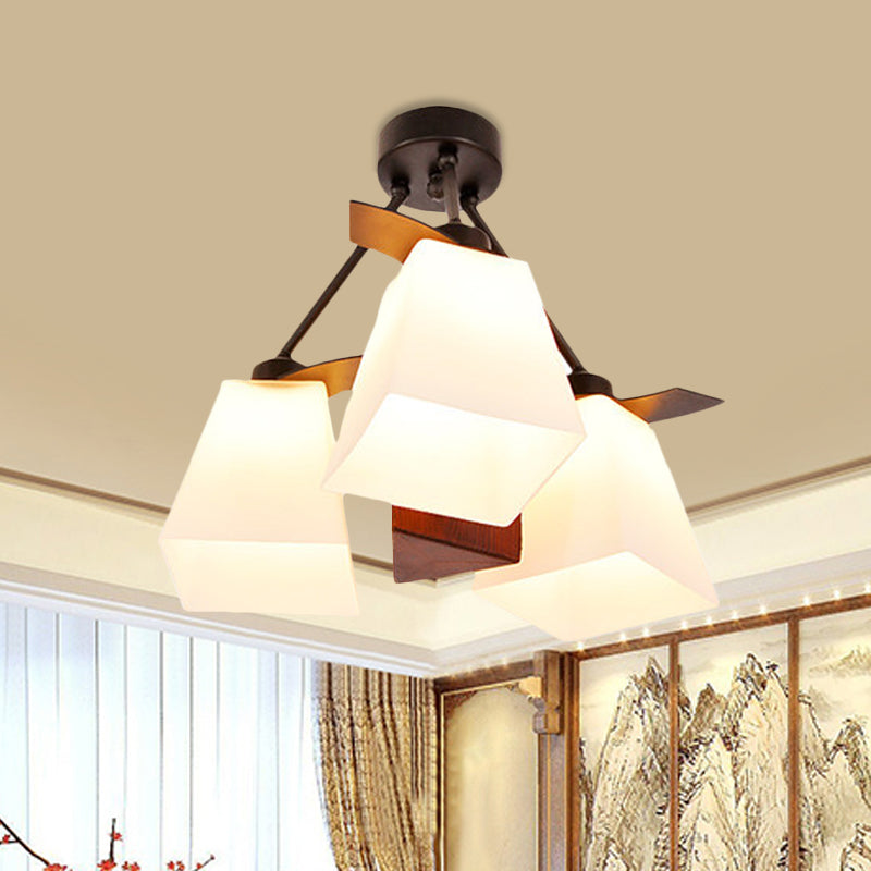 Traditional Trapezoid Semi Flush 3/5 Lights White Glass Ceiling Lamp with Wood Cylinder Shade White A Clearhalo 'Ceiling Lights' 'Close To Ceiling Lights' 'Close to ceiling' 'Semi-flushmount' Lighting' 728205