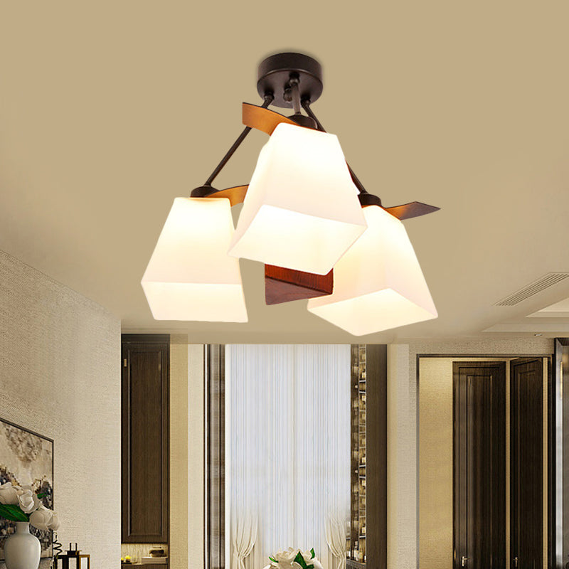 Traditional Trapezoid Semi Flush 3/5 Lights White Glass Ceiling Lamp with Wood Cylinder Shade Clearhalo 'Ceiling Lights' 'Close To Ceiling Lights' 'Close to ceiling' 'Semi-flushmount' Lighting' 728206