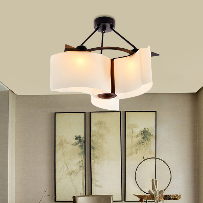 3 Lights Twisted Shade Semi Flush Ceiling Light Classic White Glass Lighting Fixture with Wood Design Clearhalo 'Ceiling Lights' 'Close To Ceiling Lights' 'Close to ceiling' 'Semi-flushmount' Lighting' 728211