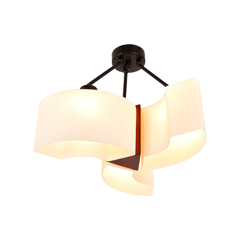 3 Lights Twisted Shade Semi Flush Ceiling Light Classic White Glass Lighting Fixture with Wood Design Clearhalo 'Ceiling Lights' 'Close To Ceiling Lights' 'Close to ceiling' 'Semi-flushmount' Lighting' 728217