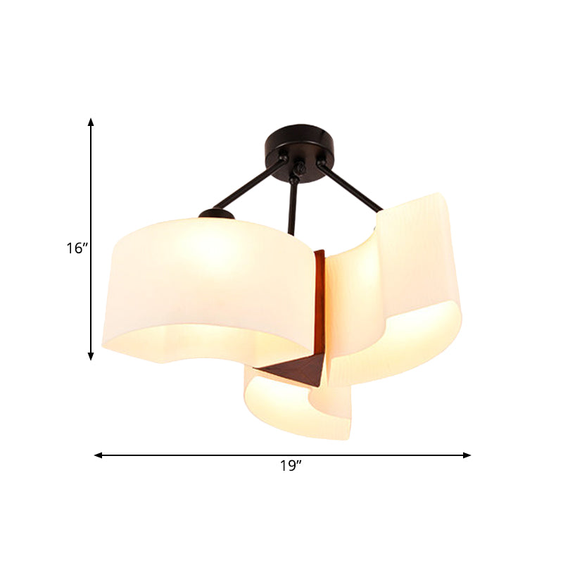 3 Lights Twisted Shade Semi Flush Ceiling Light Classic White Glass Lighting Fixture with Wood Design Clearhalo 'Ceiling Lights' 'Close To Ceiling Lights' 'Close to ceiling' 'Semi-flushmount' Lighting' 728219
