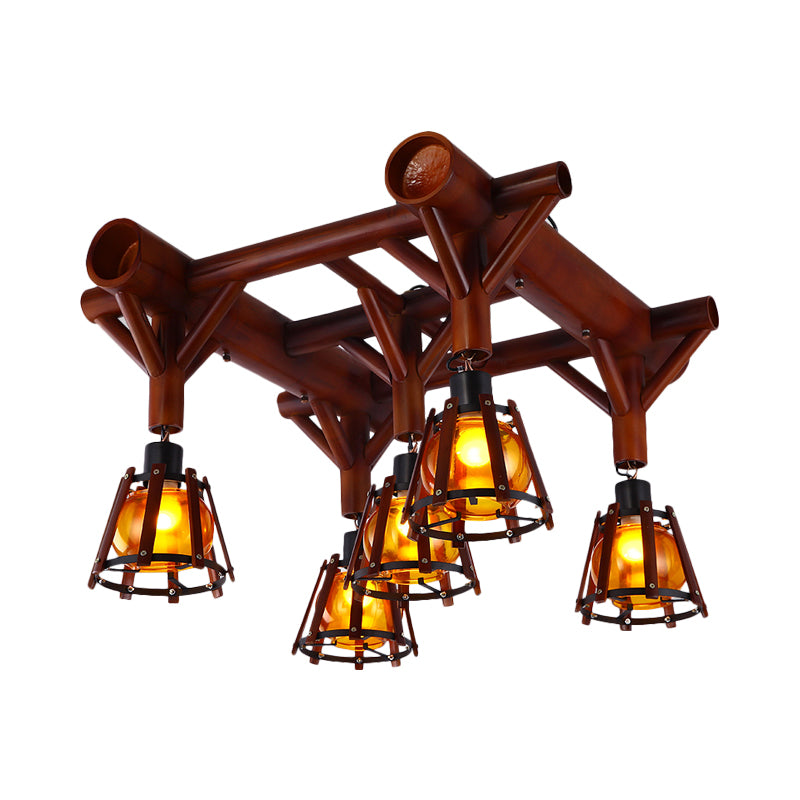 Conical Cage Wood Semi Flush Mount Country 5 Heads Ceiling Light Fixture in Brown Clearhalo 'Ceiling Lights' 'Close To Ceiling Lights' 'Close to ceiling' 'Semi-flushmount' Lighting' 728223