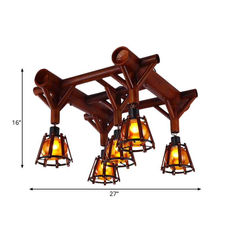 Conical Cage Wood Semi Flush Mount Country 5 Heads Ceiling Light Fixture in Brown Clearhalo 'Ceiling Lights' 'Close To Ceiling Lights' 'Close to ceiling' 'Semi-flushmount' Lighting' 728224