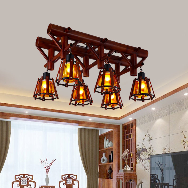 6-Light Semi Flush Light Rustic Dining Room Ceiling Lighting with Tapered Bamboo Shade in Brown Clearhalo 'Ceiling Lights' 'Close To Ceiling Lights' 'Close to ceiling' 'Semi-flushmount' Lighting' 728226