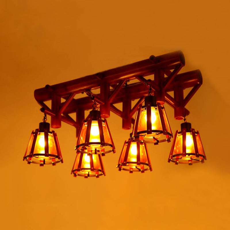 6-Light Semi Flush Light Rustic Dining Room Ceiling Lighting with Tapered Bamboo Shade in Brown Clearhalo 'Ceiling Lights' 'Close To Ceiling Lights' 'Close to ceiling' 'Semi-flushmount' Lighting' 728228