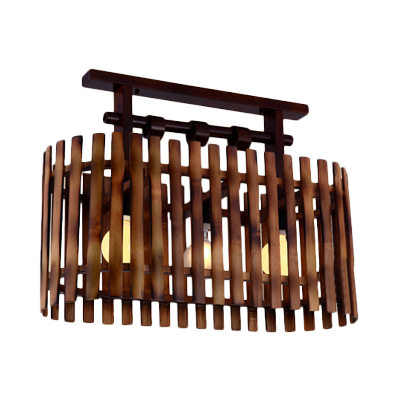 Bamboo Oval/Cylinder Cage Semi-Flush Mount Country 1/2-Light Corridor Ceiling Lamp in Brown with Wood Linear Canopy Clearhalo 'Ceiling Lights' 'Close To Ceiling Lights' 'Close to ceiling' 'Semi-flushmount' Lighting' 728232