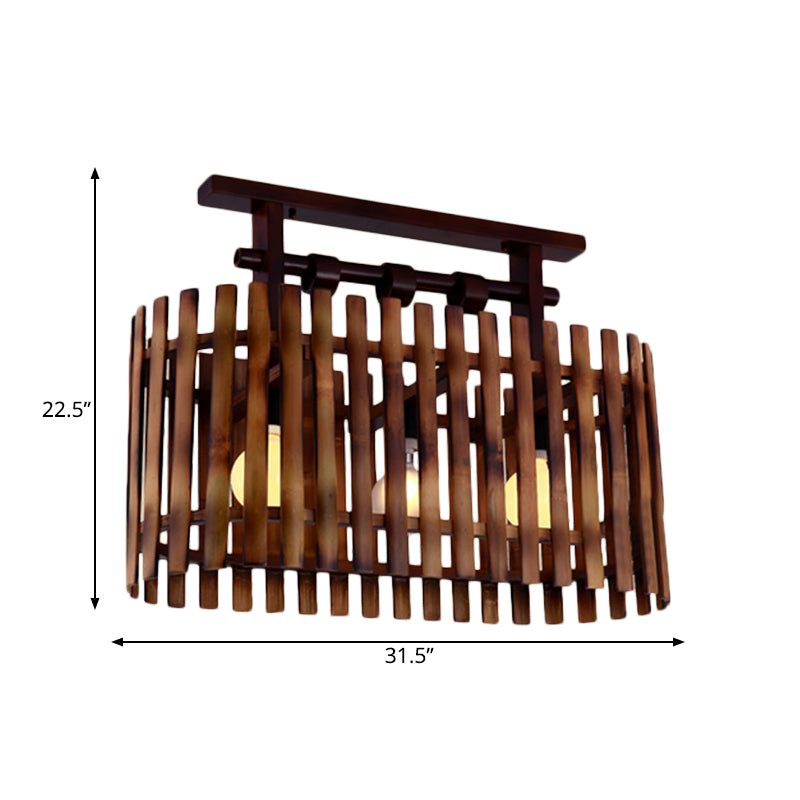 Bamboo Oval/Cylinder Cage Semi-Flush Mount Country 1/2-Light Corridor Ceiling Lamp in Brown with Wood Linear Canopy Clearhalo 'Ceiling Lights' 'Close To Ceiling Lights' 'Close to ceiling' 'Semi-flushmount' Lighting' 728234