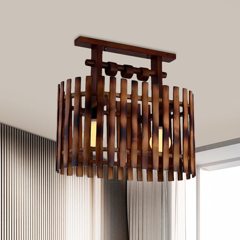 Bamboo Oval/Cylinder Cage Semi-Flush Mount Country 1/2-Light Corridor Ceiling Lamp in Brown with Wood Linear Canopy 2 Brown Clearhalo 'Ceiling Lights' 'Close To Ceiling Lights' 'Close to ceiling' 'Semi-flushmount' Lighting' 728235