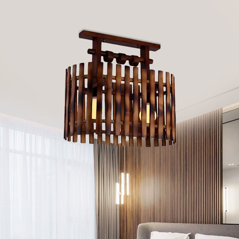 Bamboo Oval/Cylinder Cage Semi-Flush Mount Country 1/2-Light Corridor Ceiling Lamp in Brown with Wood Linear Canopy Clearhalo 'Ceiling Lights' 'Close To Ceiling Lights' 'Close to ceiling' 'Semi-flushmount' Lighting' 728236