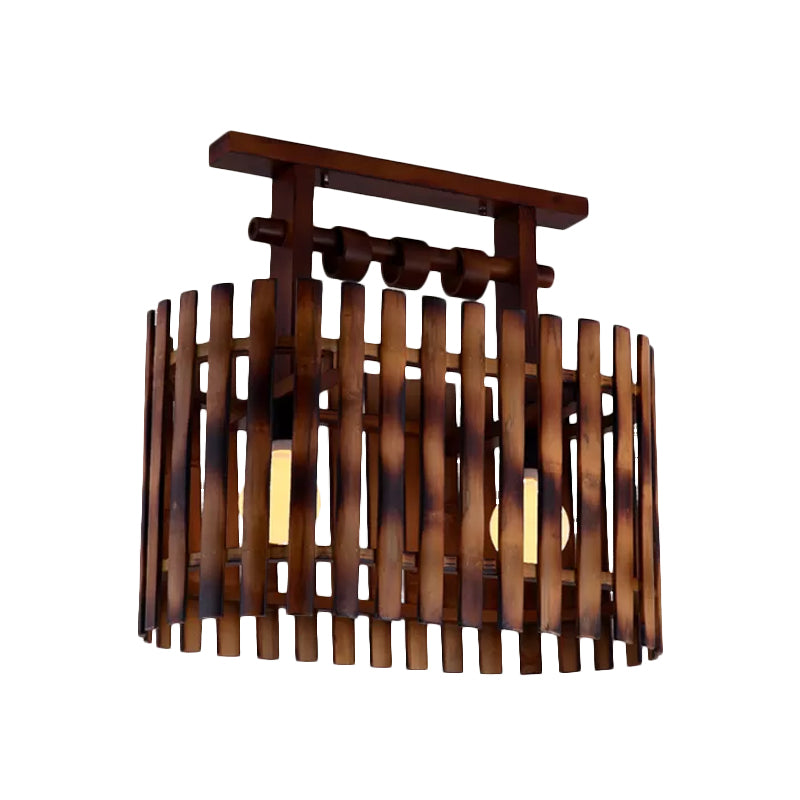 Bamboo Oval/Cylinder Cage Semi-Flush Mount Country 1/2-Light Corridor Ceiling Lamp in Brown with Wood Linear Canopy Clearhalo 'Ceiling Lights' 'Close To Ceiling Lights' 'Close to ceiling' 'Semi-flushmount' Lighting' 728237