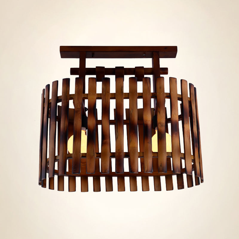 Bamboo Oval/Cylinder Cage Semi-Flush Mount Country 1/2-Light Corridor Ceiling Lamp in Brown with Wood Linear Canopy Clearhalo 'Ceiling Lights' 'Close To Ceiling Lights' 'Close to ceiling' 'Semi-flushmount' Lighting' 728238