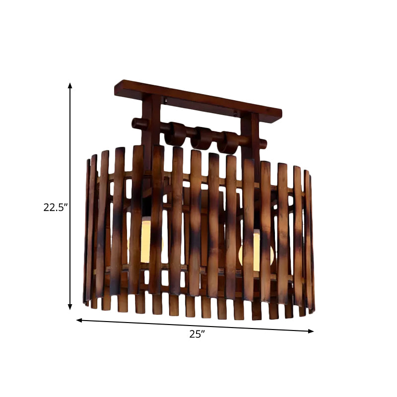 Bamboo Oval/Cylinder Cage Semi-Flush Mount Country 1/2-Light Corridor Ceiling Lamp in Brown with Wood Linear Canopy Clearhalo 'Ceiling Lights' 'Close To Ceiling Lights' 'Close to ceiling' 'Semi-flushmount' Lighting' 728239